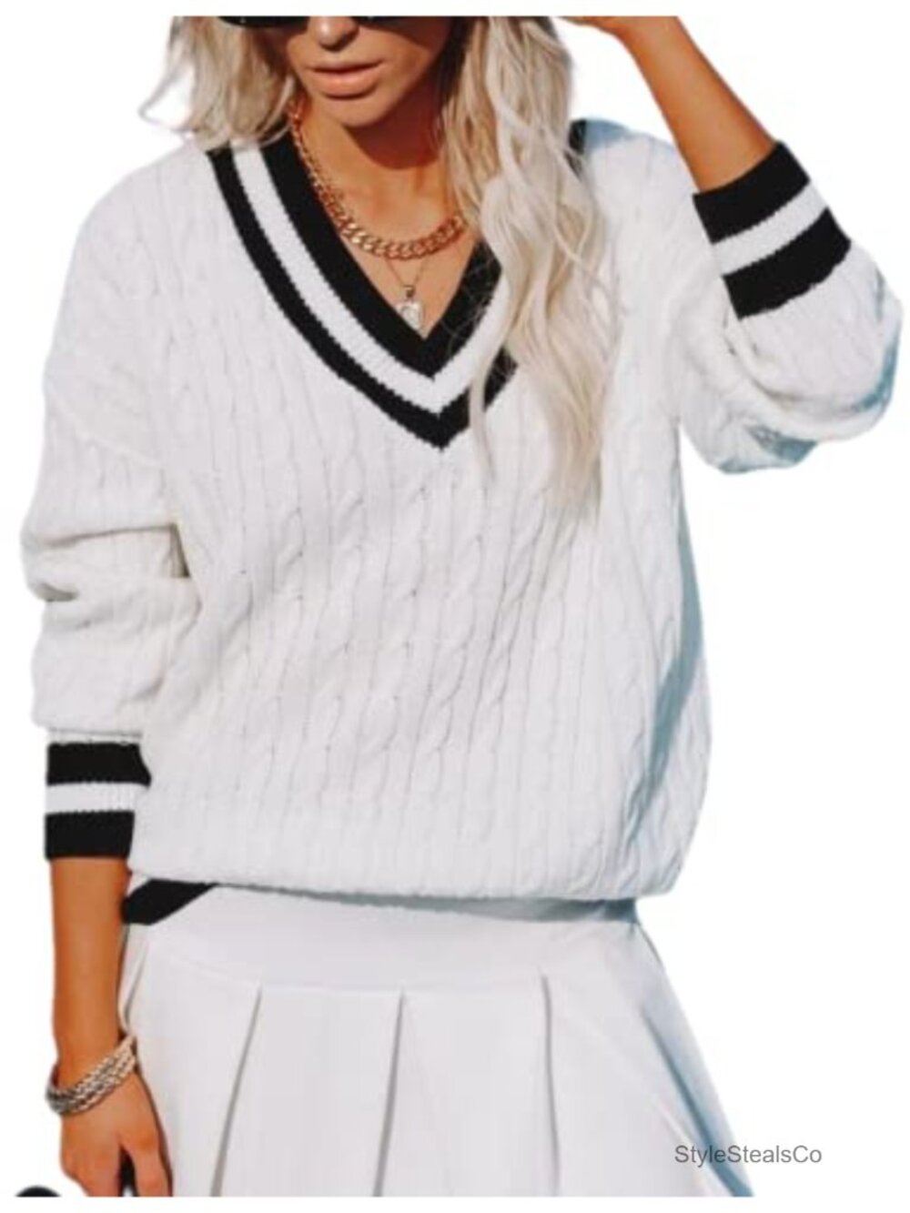 V-Neck Long Sleeve Cable Knit Striped Pullover Sweater